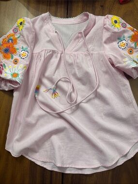 Light Pink Embroidered Floral Peasant Blouse